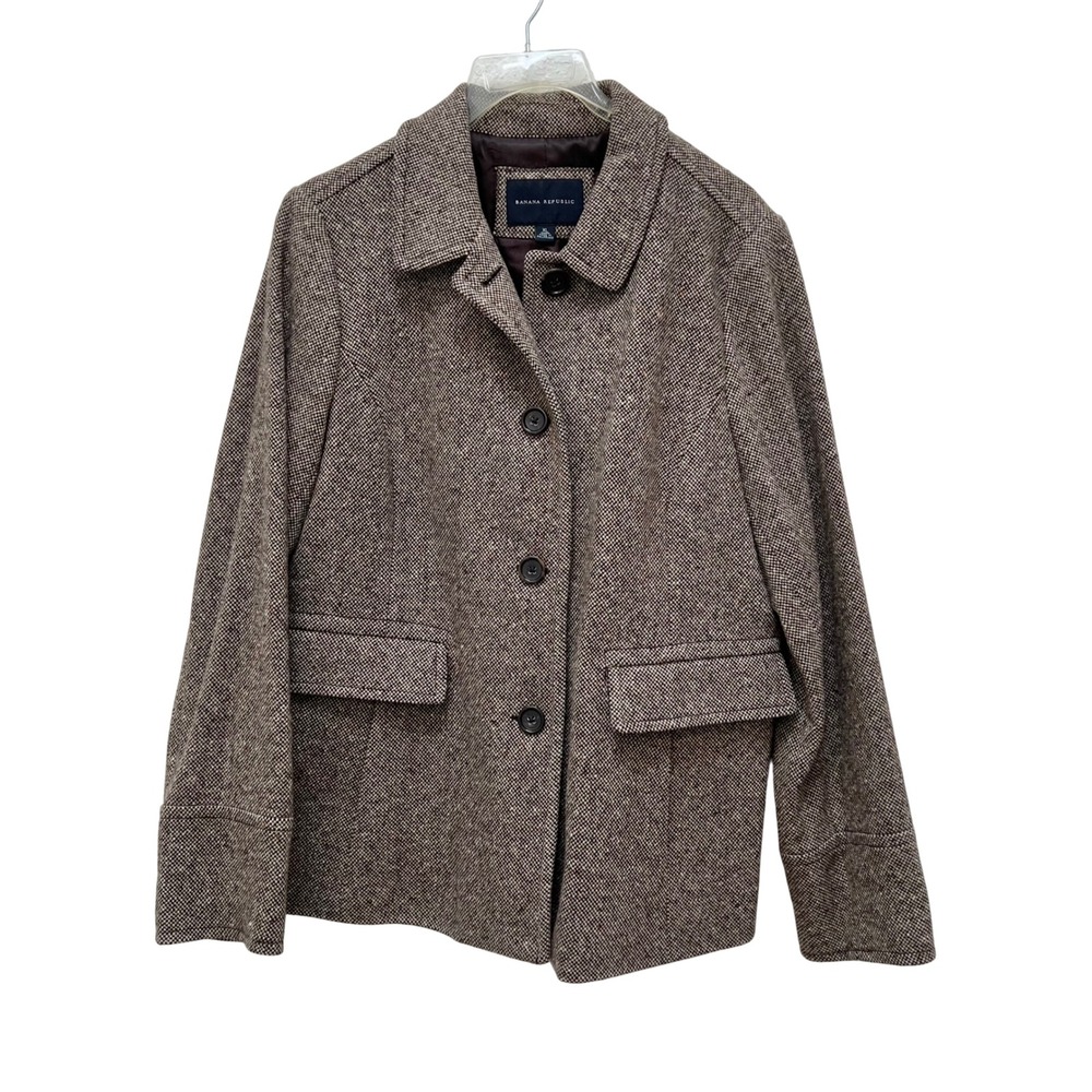 VTG Banana Republic Women XL Brown Tweed Wool Blend Button Front Jacket Academia